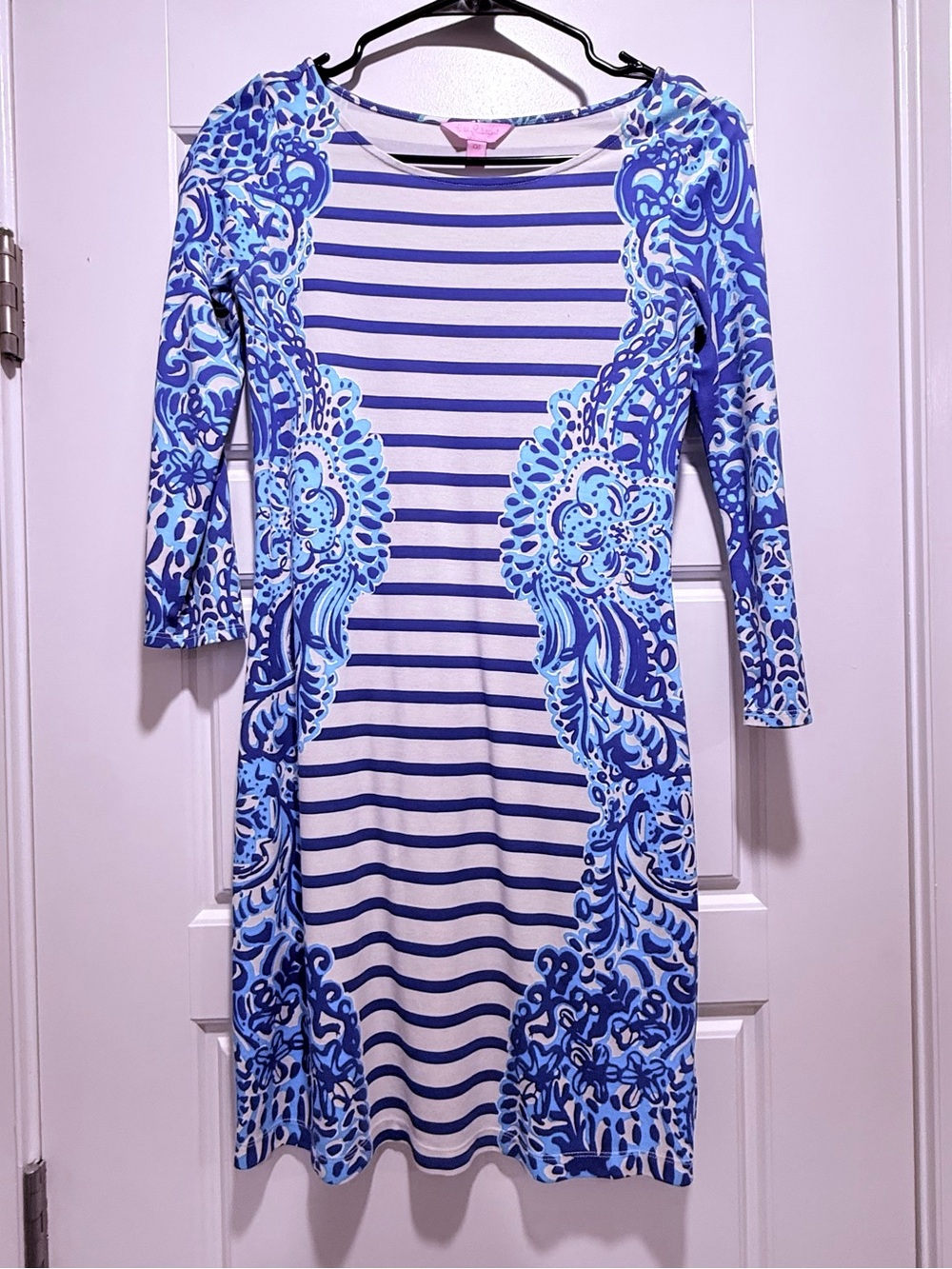 Lilly Pulitzer Blue & White Striped Floral-Panel Long Sleeve Dress